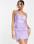 Naanaa Slit Detail Mini Satin Dress In Purple