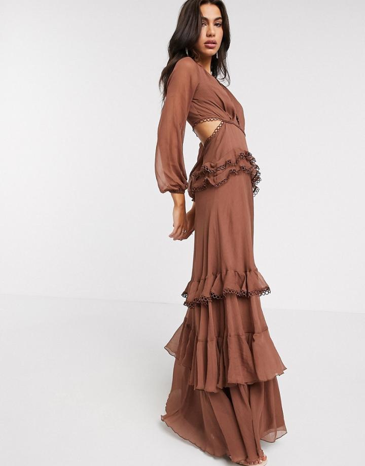 Asos Design Maxi Dress With Long Sleeve And Circle Trim-yellow