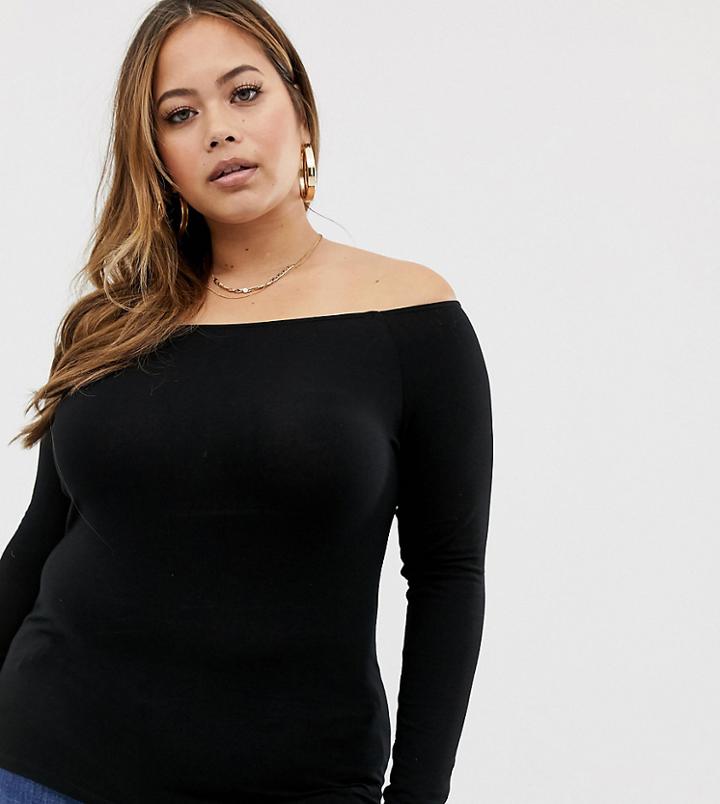 Asos Design Curve Off Shoulder Top With Long Sleeve In Black