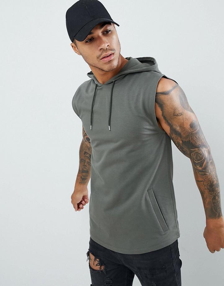 Asos Design Sleeveless Muscle Hoodie In Khaki - Green