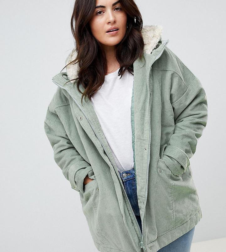 Asos Design Curve Cord Borg Hooded Parka - Green