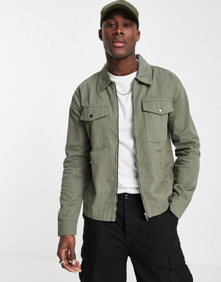 Brave Soul Full Zip Twill Jacket In Sage-green