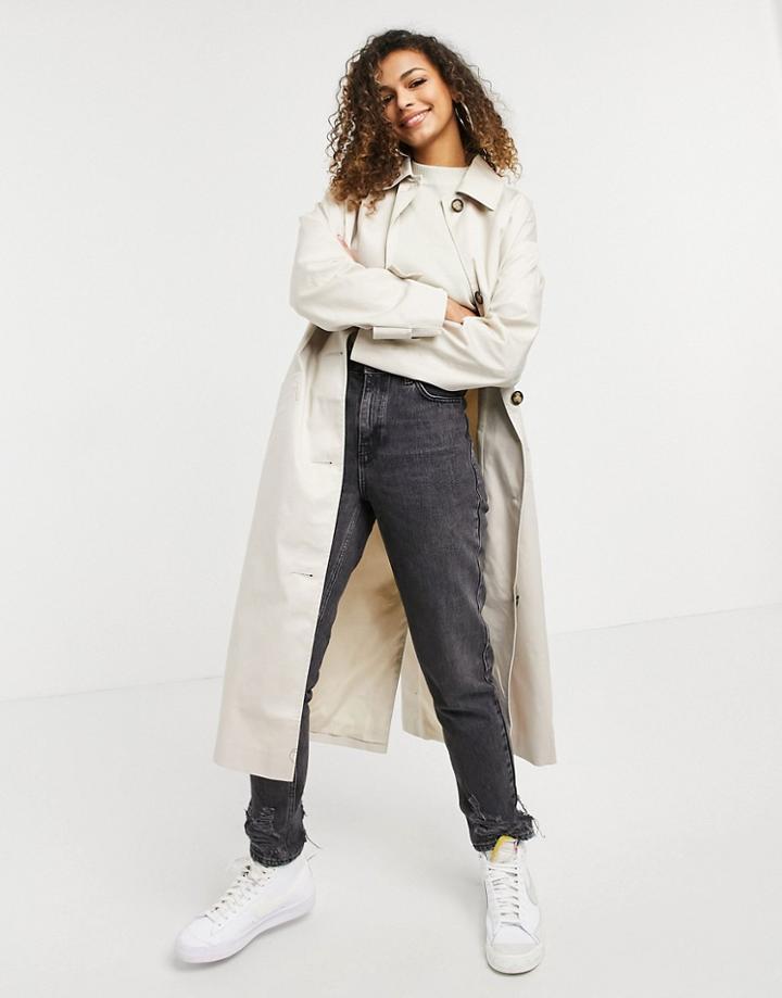 Asos Design Longline Trench Coat In Stone-white