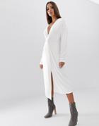 Asos Design Relaxed Long Sleeve Midi Dress With Knot Front - White