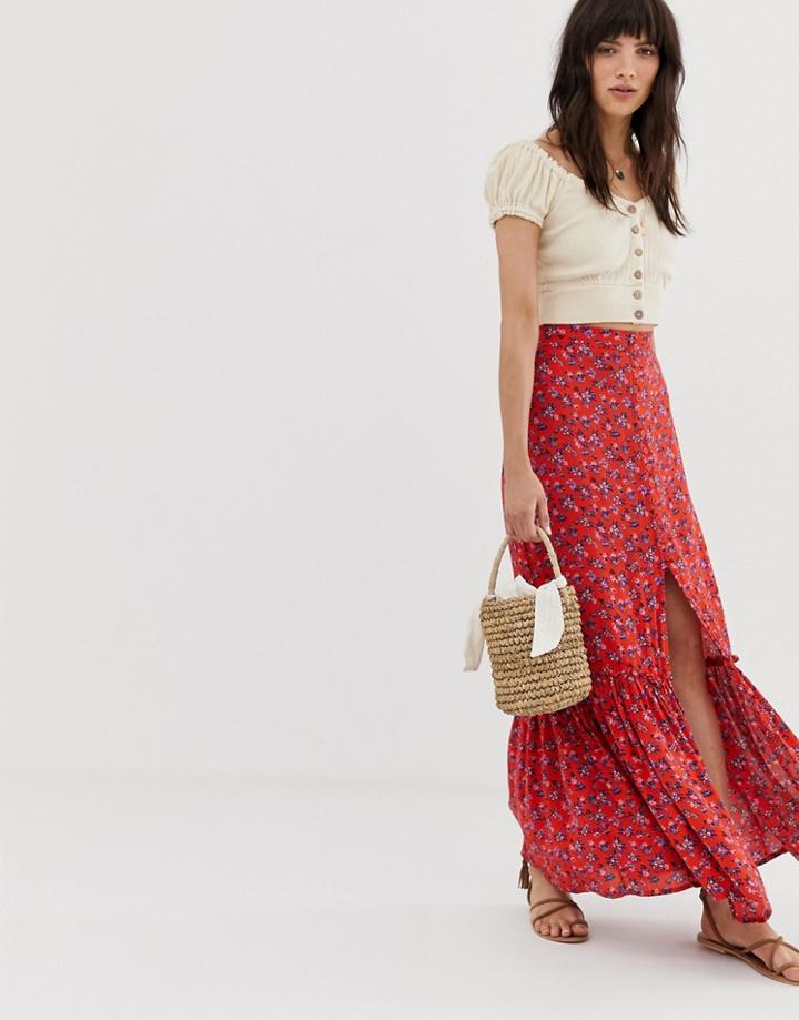 Band Of Gypsies Button Front Tiered Maxi Skirt - Red