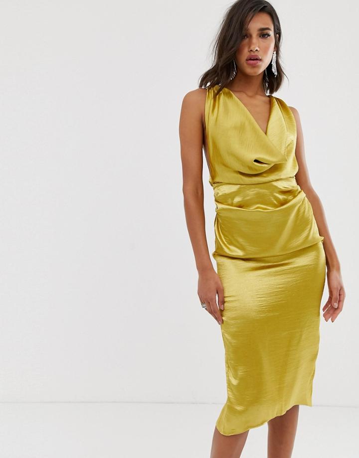 Asos Design Midi Dress With Drape Cowl Neck In High Shine Satin - Green