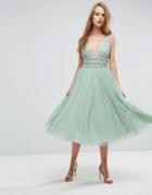 Asos Tulle Strappy Embellished Midi Skater Dress - Green