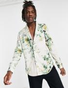 Asos Design Satin Floral Shirt With Shawl Collar In White