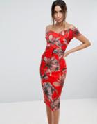 Asos Bright Red Floral Bardot Pencil Midi Dress - Red