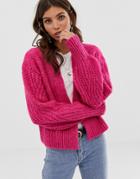 Asos Design Chunky Volume Sleeve Cardigan With Stitch Detail - Pink