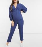 Asos Design Maternity Kimono Sleeve Button Through Tea Jumpsuit In Blue-blues