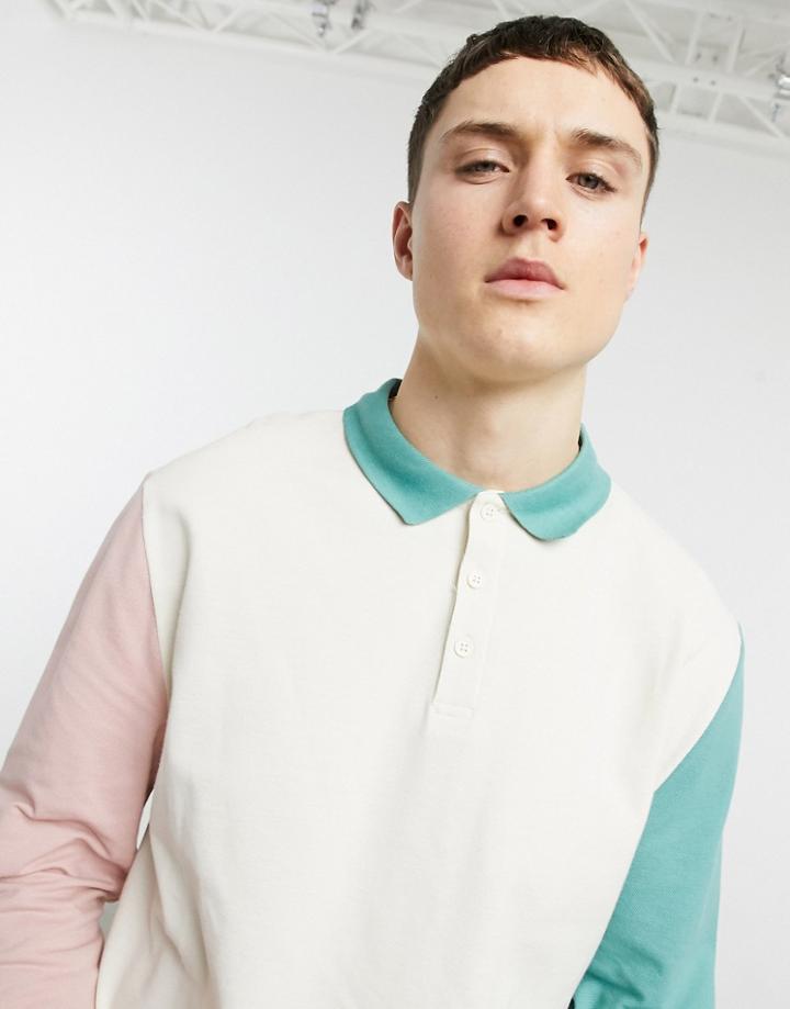 Asos Design Relaxed Long Sleeve Polo T-shirt In Pastel Color Block Pique-neutral