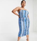 Public Desire Curve X Kenza Ruched Midaxi Dress In Blue Multi-brown