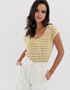 Esprit Stripe Crew Neck T-shirt With Turn Up Sleeve Yellow - Yellow