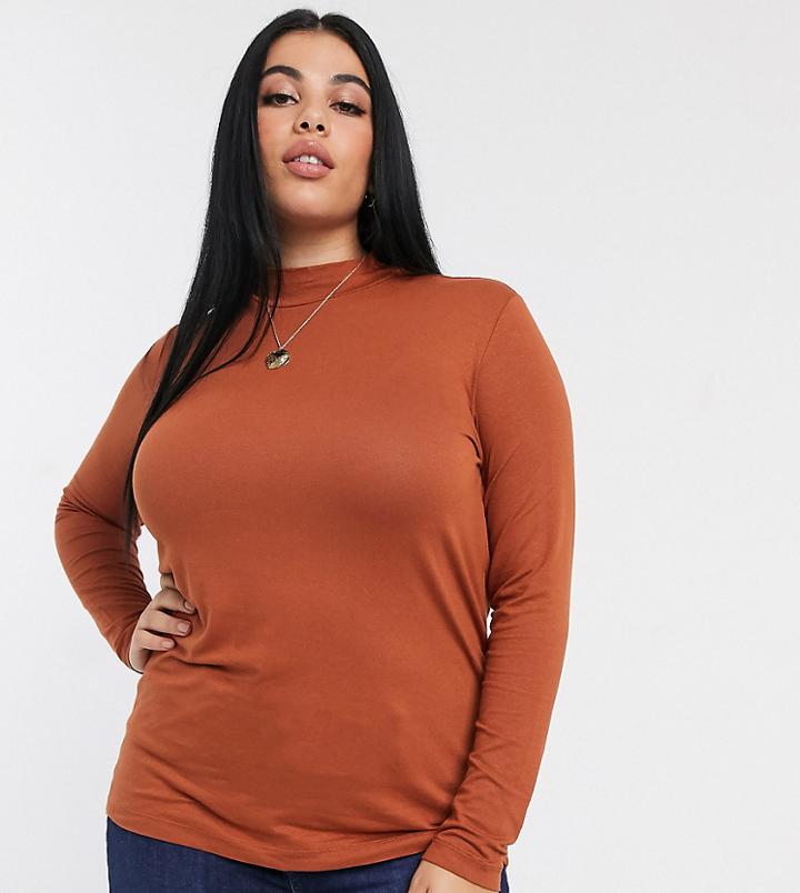 Only Curve Long Sleeve T-shirt With High Neck In Rust
