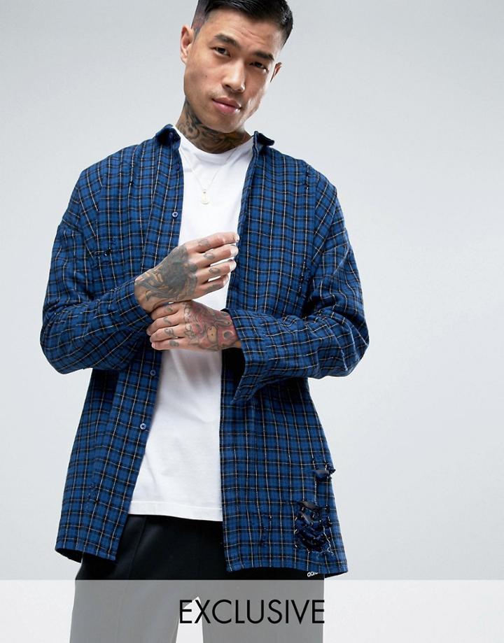 Sixth June Oversized Shirt In Distressed Flannel - Navy