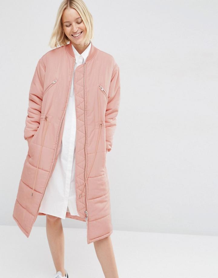 Asos White Quilted Longline Parka - Pink