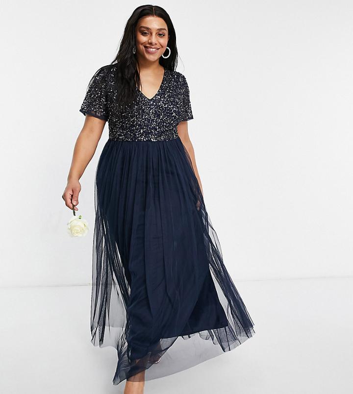 Maya Plus Bridesmaid V-neck Maxi Tulle Dress With Tonal Delicate Sequins In Navy