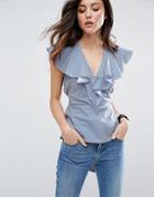 Asos Stripe Top With Ruffle Front & Tie Waist - Blue