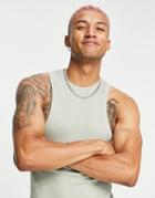 Asos Design Muscle Fit Rib Tank With Racer Neck In Washed Khaki-green