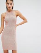 Parallel Lines High Neck Knitted Mini Dress - Dusty Pink