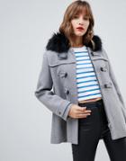 Stradivarius Duffle Coat With Faux Fur Hood - Gray