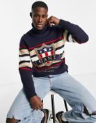 Gant Roll Neck Knit Sweater With Large Logo In Navy With Stripe