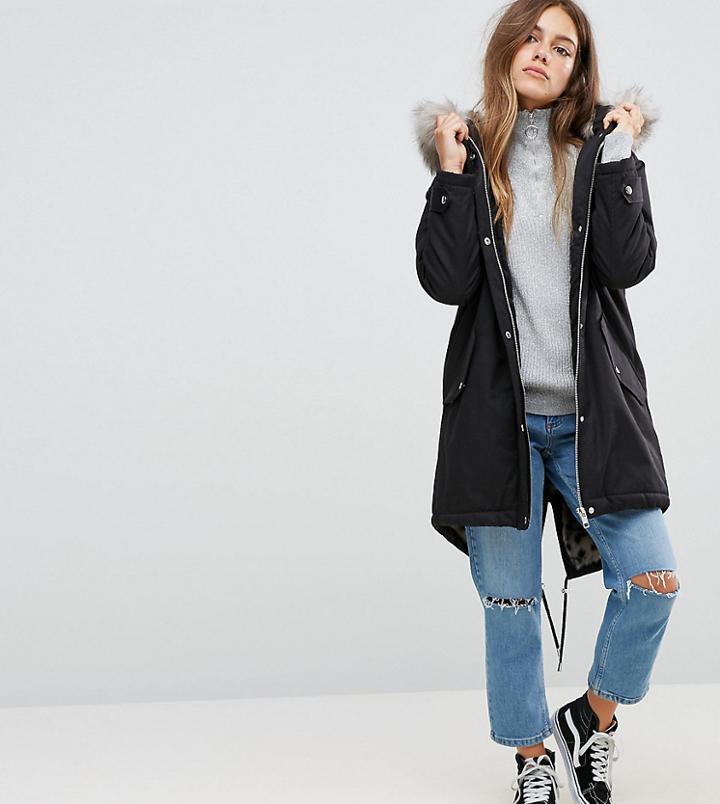 Asos Petite Parka With Snow Leopard Faux Fur Liner - Black
