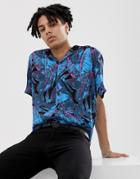 Asos Design Relaxed Fit Hawaiian Floral Shirt With Ribbed Collar - Blue