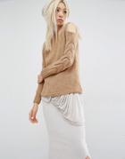 Oneon Hand Knitted Jumper With Cold Shoulder And Cable Sleeve - Tan