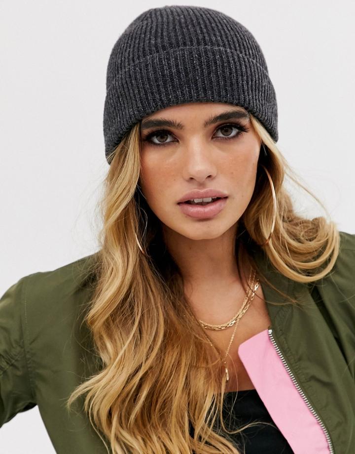 Asos Design Fisherman Rib Beanie In Recycled Polyester-gray