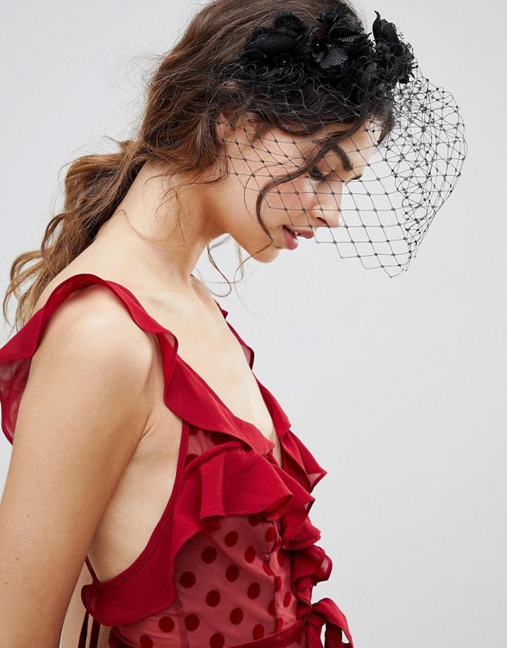 Vixen Black Flower Headband With Veil - Black