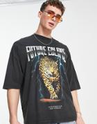 Asos Design Oversized T-shirt In Washed Black With Leopard Front Print