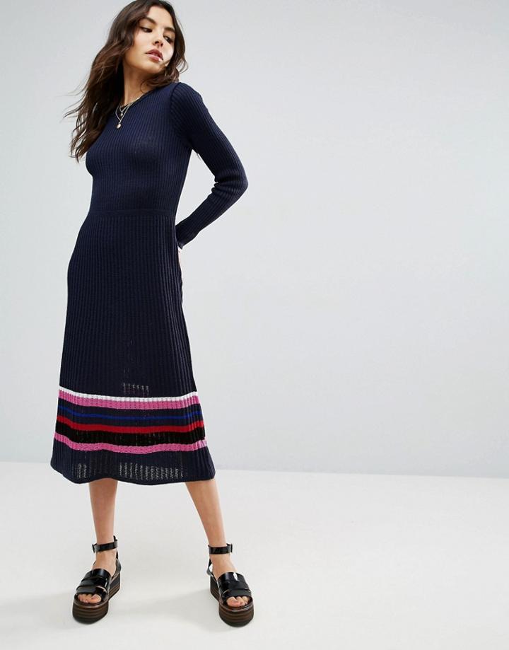 Asos Knitted Dress With Stripe Hem - Navy