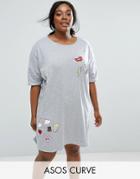 Asos Curve Oversized Tee With Badges - Gray