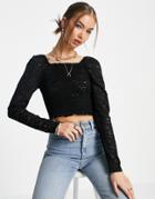 Only Sannie Long Sleeve Lace Crop Top With Shirring In Black