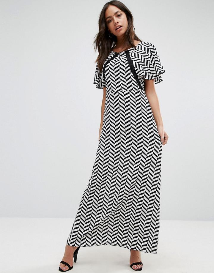 Liquorish Herringbone Print Maxi Dress Lace Details Front And Back - B