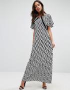 Liquorish Herringbone Print Maxi Dress Lace Details Front And Back - B