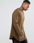 Asos Longline Long Sleeve T-shirt With Curve Hem And Zip - Brown