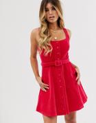 Asos Design Cord Skater Dress In Raspberry-pink