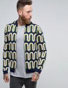 Asos Knitted Bomber With Design Graphic In Metallic Yarn - Navy