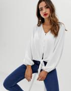 Asos Design Long Sleeve Button Front Top With Tie Detail - White
