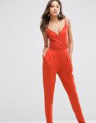 Asos Tall Cami Wrap Front Jersey Jumpsuit With Peg Leg - Red