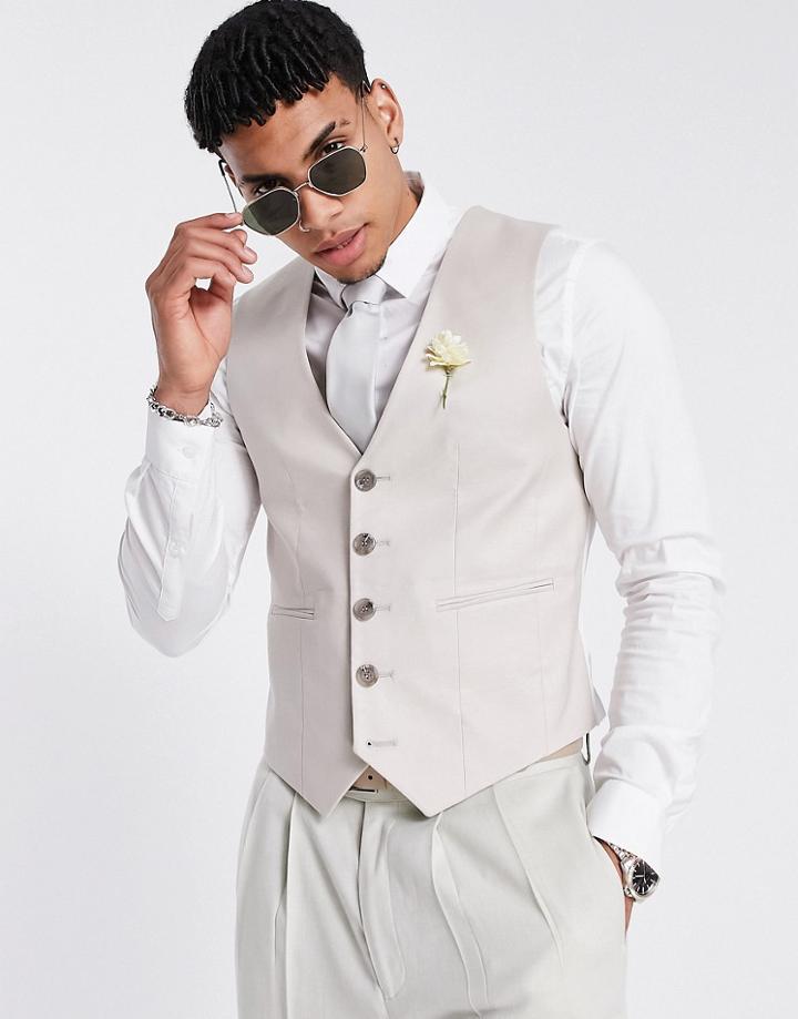 Asos Design Wedding Super Skinny Suit Vest In Stone Cotton Linen-neutral