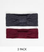 Asos Design 2 Pack Polyester Headband In Burgundy And Charcoal - Multi