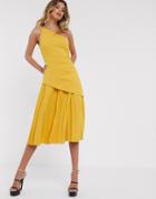 Asos Design One Shoulder Pleated Skirt Midi Dress-yellow