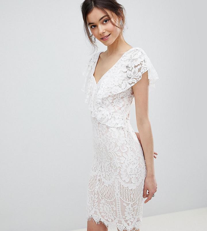 City Goddess Tall Lace Pencil Dress With Frill Overlay - White