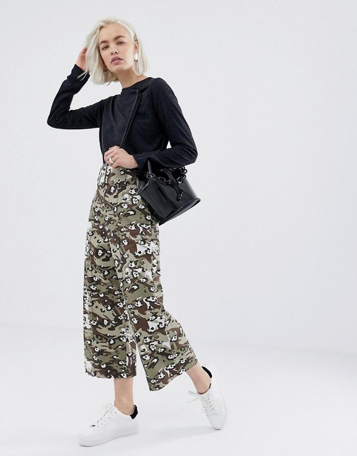 Asos Design Cropped Wide Leg Pants With Belt In Camo Animal-multi