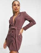 Saint Genies Sculpted Shoulder Belted Blazer Dress In Mauve-purple