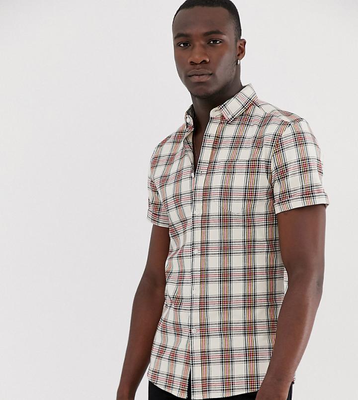 Asos Design Tall Slim Fit Plaid Check Shirt-beige